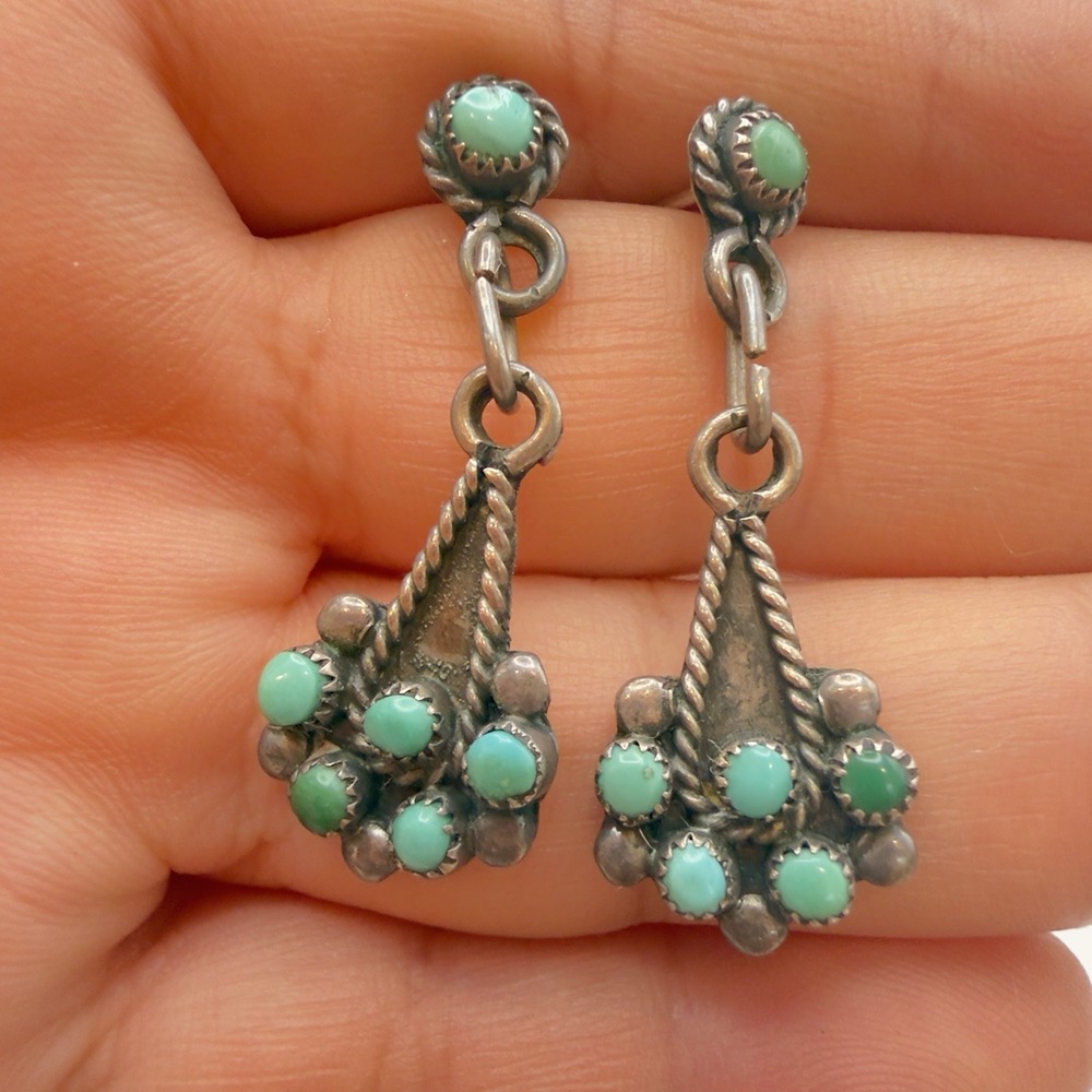 Vtg Zuni Petit Point  Dangle Earrings Blue Green Turquoise Native American